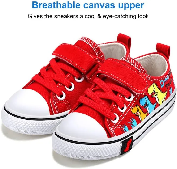 Toddler Boys Girls Slip On Canvas Sneakers Cartoon Dinasour Printed Little Kid Unisex Adjustable Strap Walking Shoes Lazy Shoes with Hook and Loops