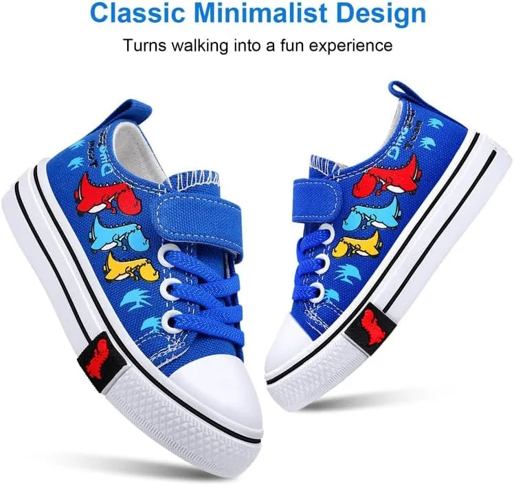 Toddler Boys Girls Slip On Canvas Sneakers Cartoon Dinasour Printed Little Kid Unisex Adjustable Strap Walking Shoes Lazy Shoes with Hook and Loops