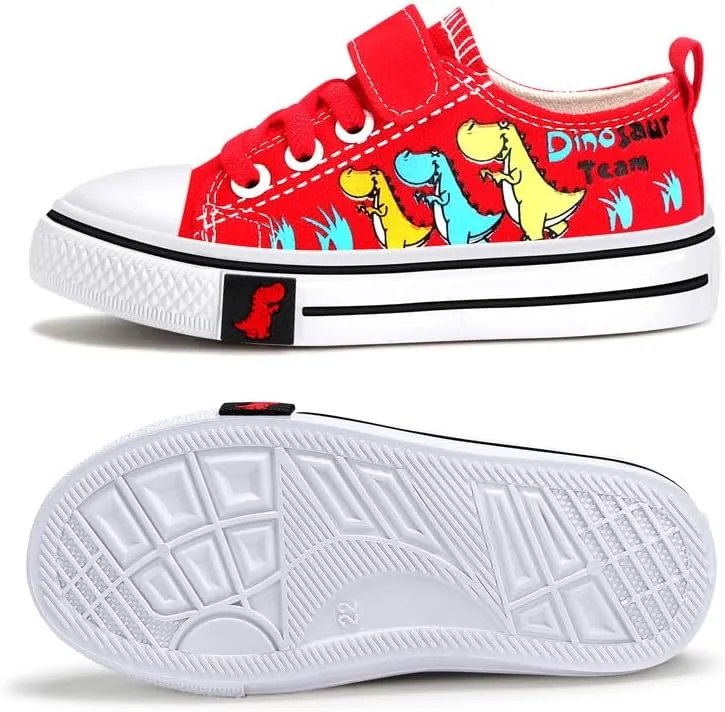 Toddler Boys Girls Slip On Canvas Sneakers Cartoon Dinasour Printed Little Kid Unisex Adjustable Strap Walking Shoes Lazy Shoes with Hook and Loops