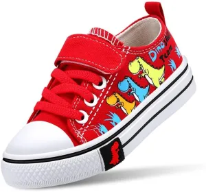 Toddler Boys Girls Slip On Canvas Sneakers Cartoon Dinasour Printed Little Kid Unisex Adjustable Strap Walking Shoes Lazy Shoes with Hook and Loops