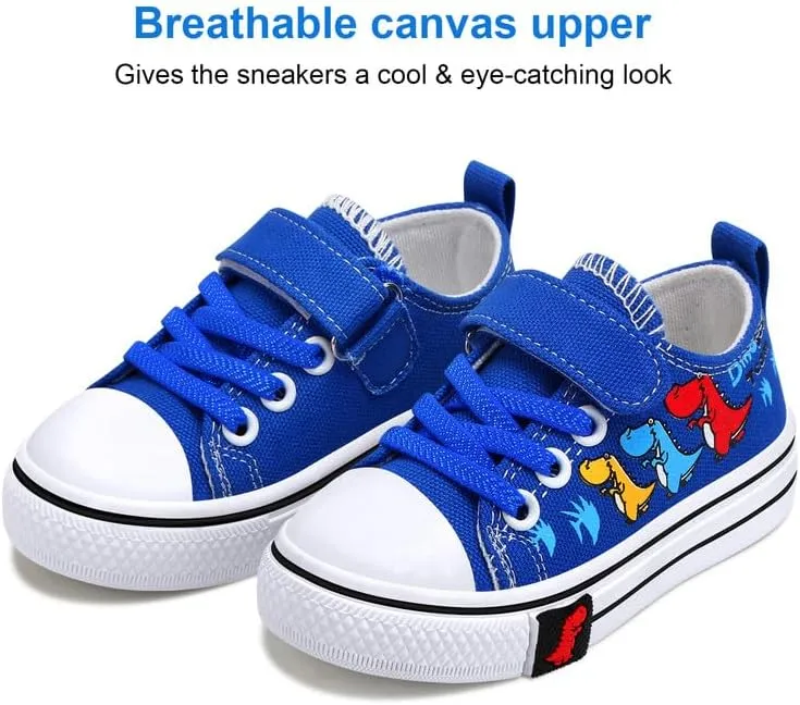 Toddler Boys Girls Slip On Canvas Sneakers Cartoon Dinasour Printed Little Kid Unisex Adjustable Strap Walking Shoes Lazy Shoes with Hook and Loops