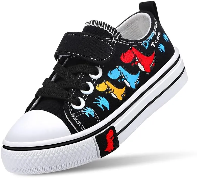 Toddler Boys Girls Slip On Canvas Sneakers Cartoon Dinasour Printed Little Kid Unisex Adjustable Strap Walking Shoes Lazy Shoes with Hook and Loops
