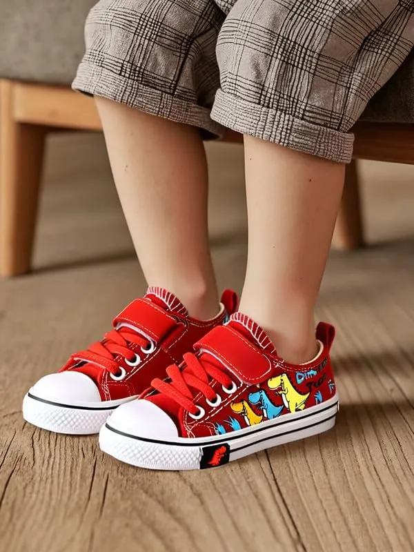 Toddler Boys Girls Slip On Canvas Sneakers Cartoon Dinasour Printed Little Kid Unisex Adjustable Strap Walking Shoes Lazy Shoes with Hook and Loops