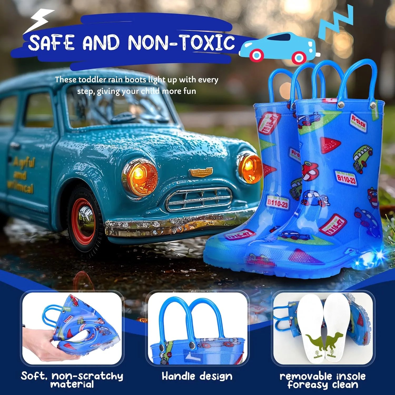 Toddler Rain Boots Boys Rain Boots - Patterns Light Up Kids Rain Boots with Easy-On Handles Lightwight Waterproof Rain Shoes (Toddler/Little/Big kids)
