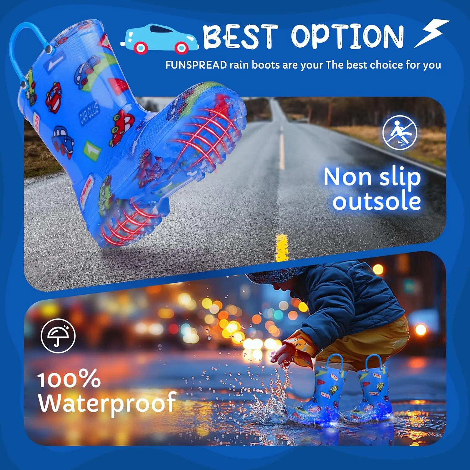 Toddler Rain Boots Boys Rain Boots - Patterns Light Up Kids Rain Boots with Easy-On Handles Lightwight Waterproof Rain Shoes (Toddler/Little/Big kids)