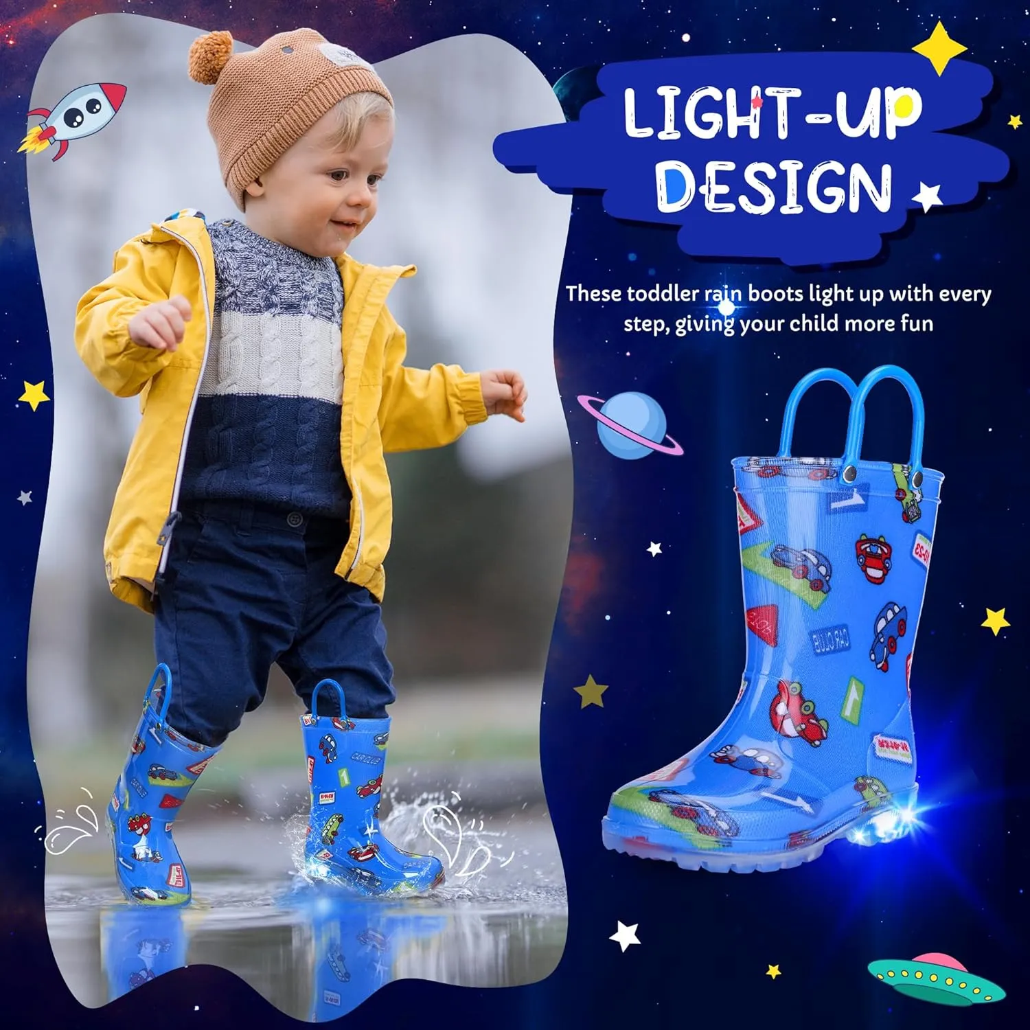 Toddler Rain Boots Boys Rain Boots - Patterns Light Up Kids Rain Boots with Easy-On Handles Lightwight Waterproof Rain Shoes (Toddler/Little/Big kids)