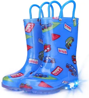 Toddler Rain Boots Boys Rain Boots - Patterns Light Up Kids Rain Boots with Easy-On Handles Lightwight Waterproof Rain Shoes (Toddler/Little/Big kids)