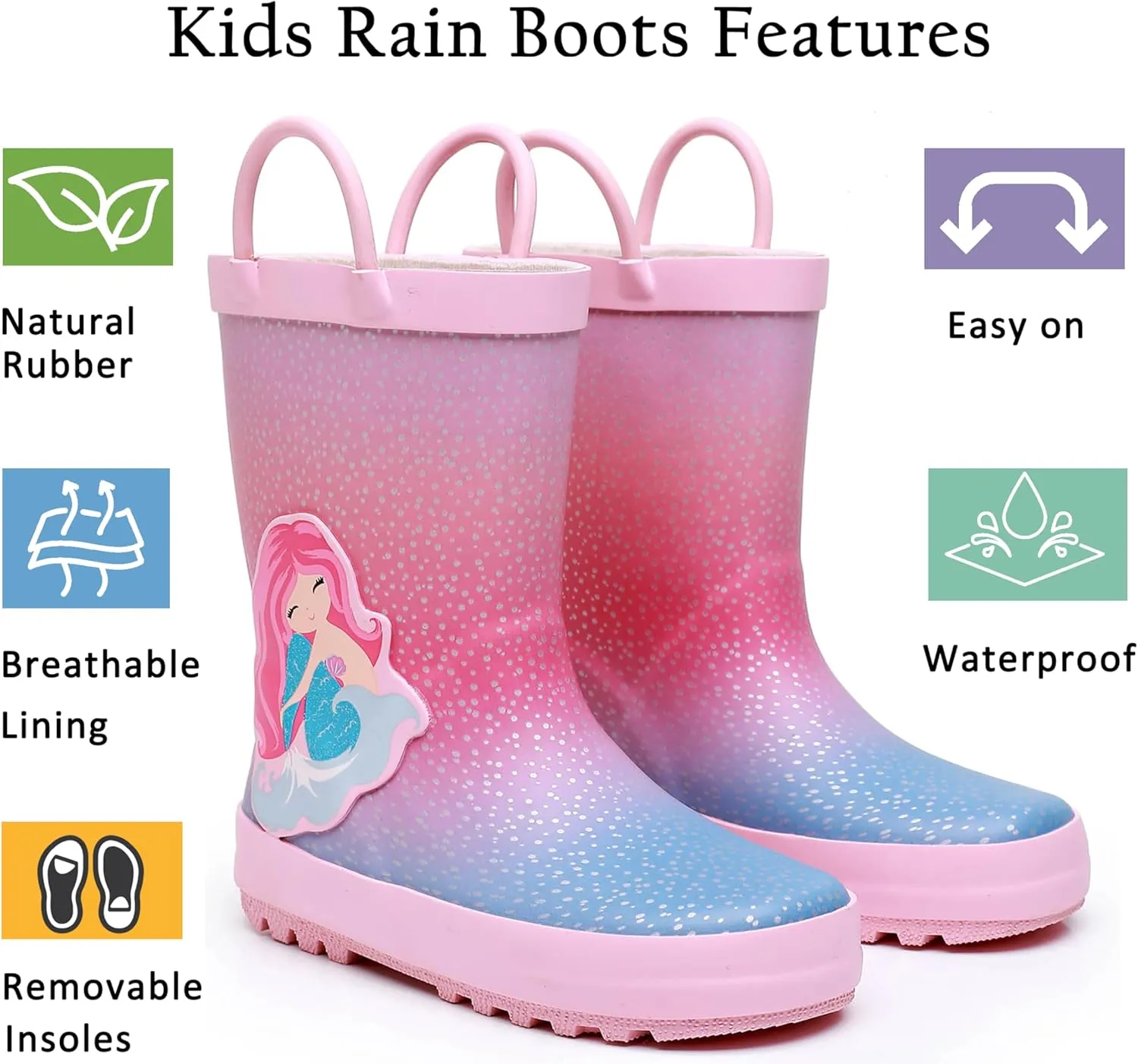 Toddler Rain Boots for Boys and Girls Waterproof Rubber Kids Rain Boots with Easy on Handles All-season