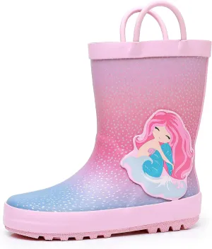 Toddler Rain Boots for Boys and Girls Waterproof Rubber Kids Rain Boots with Easy on Handles All-season