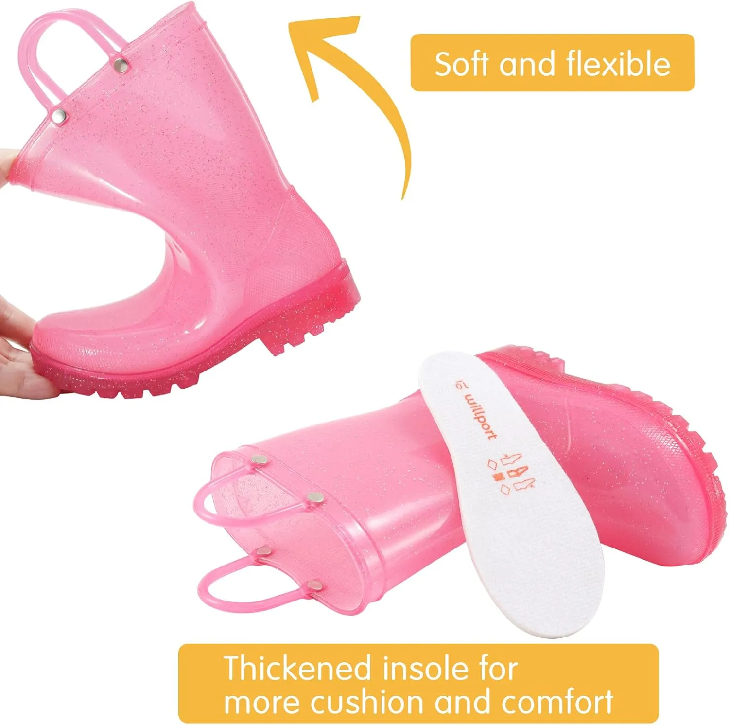Toddler Rain Boots,Waterproof Glitter Kids Rain Boots with Easy-on Handles for Boys and Girls