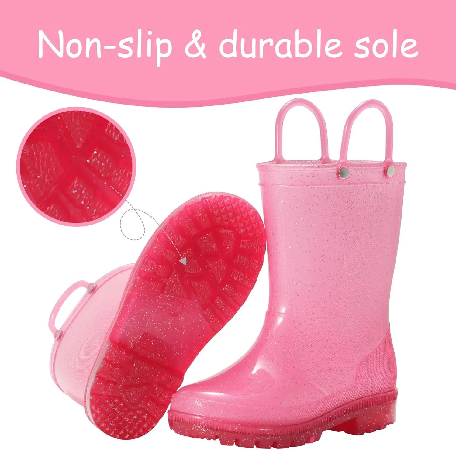Toddler Rain Boots,Waterproof Glitter Kids Rain Boots with Easy-on Handles for Boys and Girls