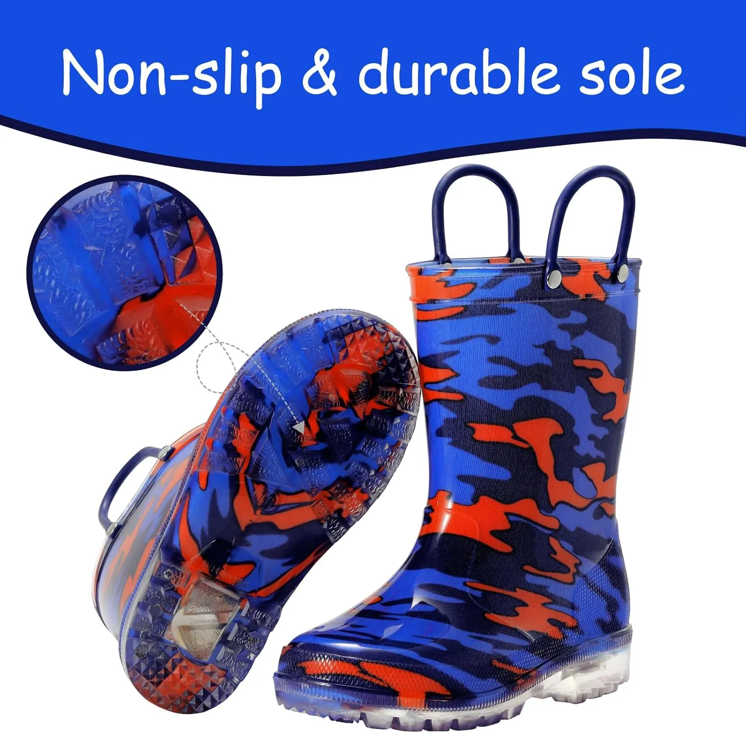 Toddler Rain Boots,Waterproof Light Up Kids Rain Boots with Easy-on Handles for Boys and Girls