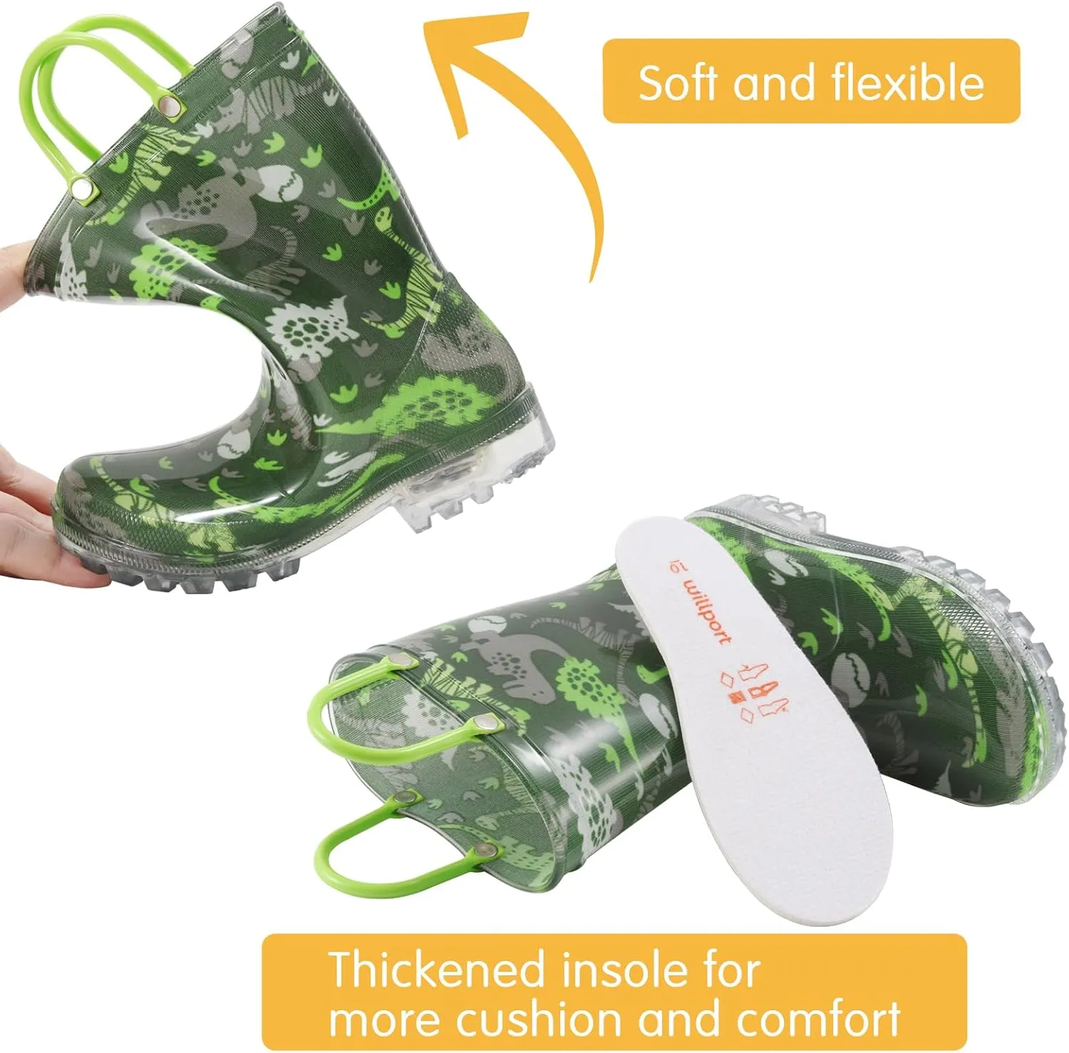 Toddler Rain Boots,Waterproof Light Up Kids Rain Boots with Easy-on Handles for Boys and Girls