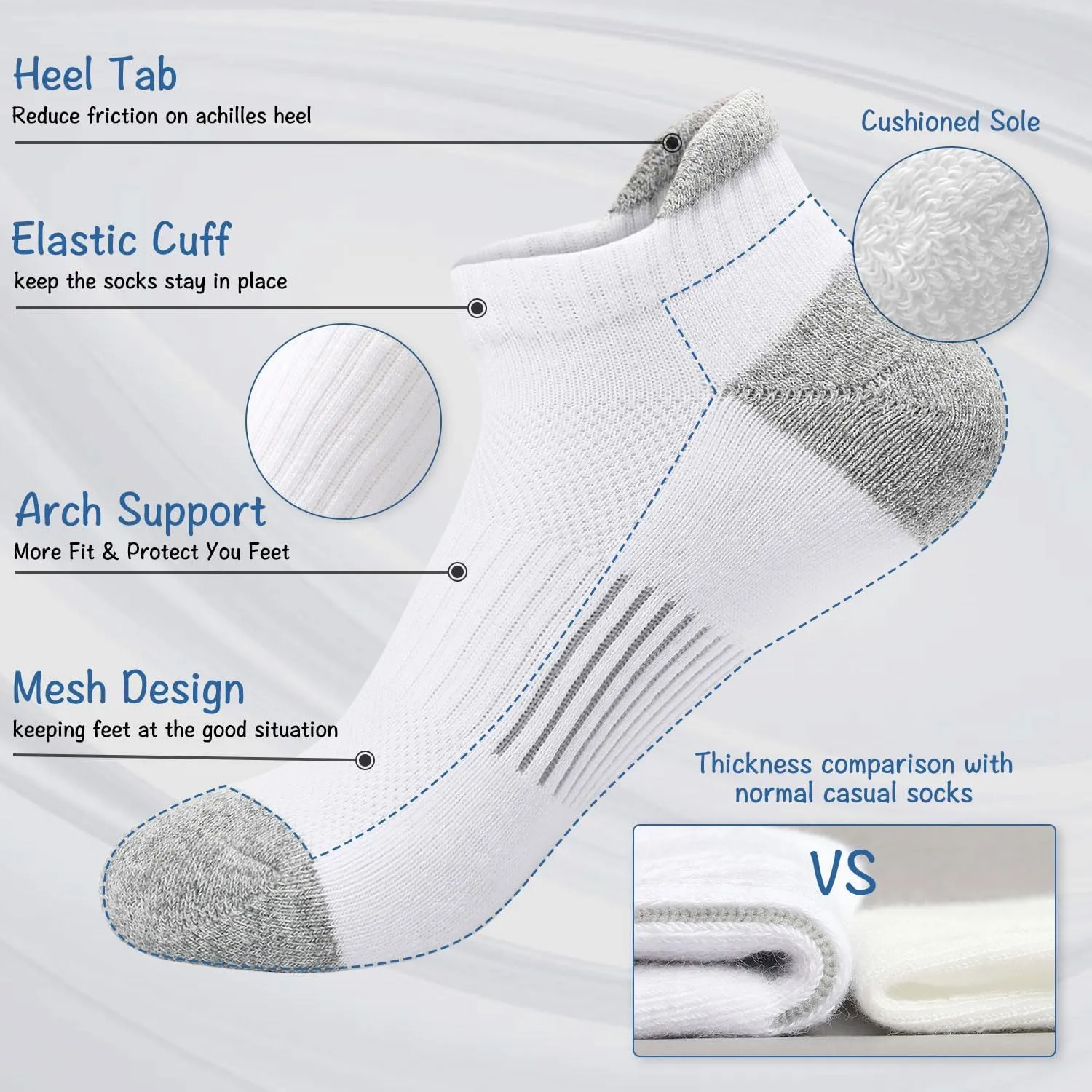 Toes Home Ankle Socks for Women Running Socks, Cushioned Athletic Low Cut Compression Socks Footies for Sneakers 6 Pairs