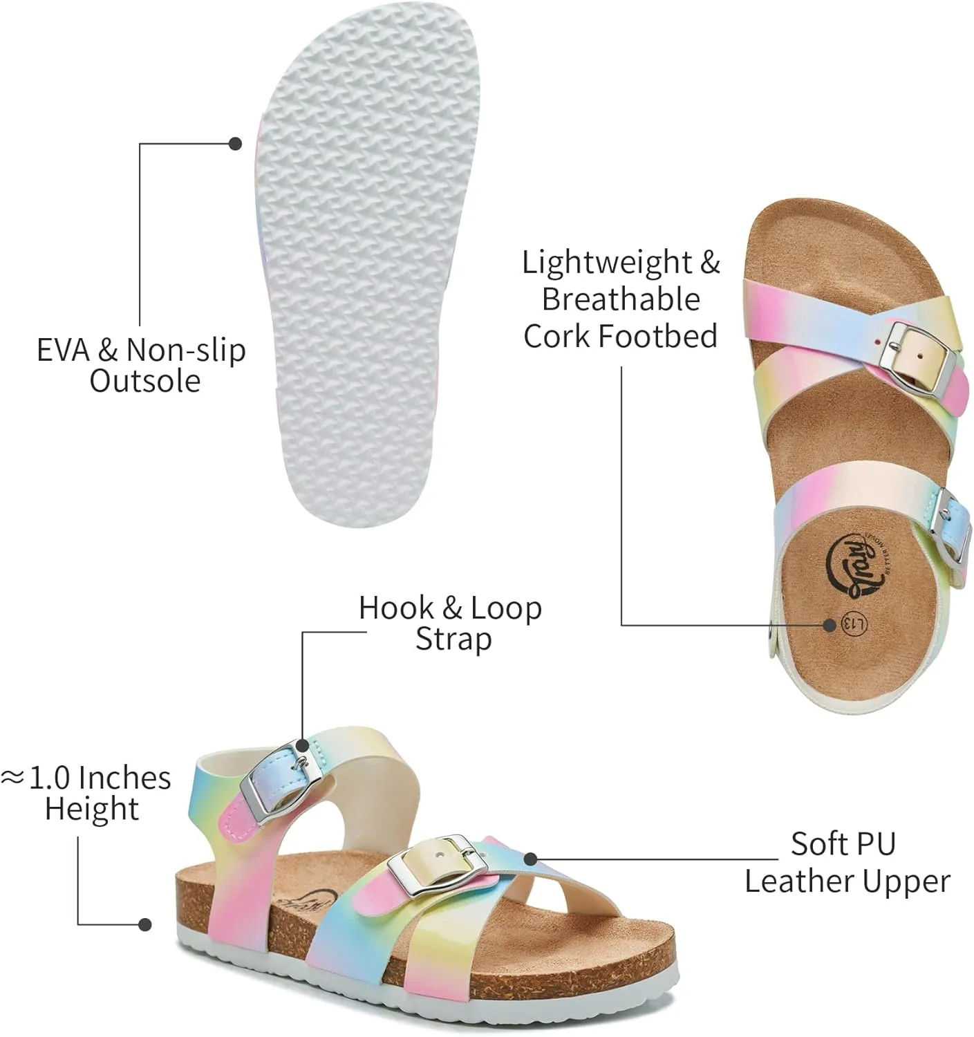 Trary Girls Sandals Open Toe Casual Summer Shoes with Cork Footbed Comfortable Flat Sandals for Little Kids