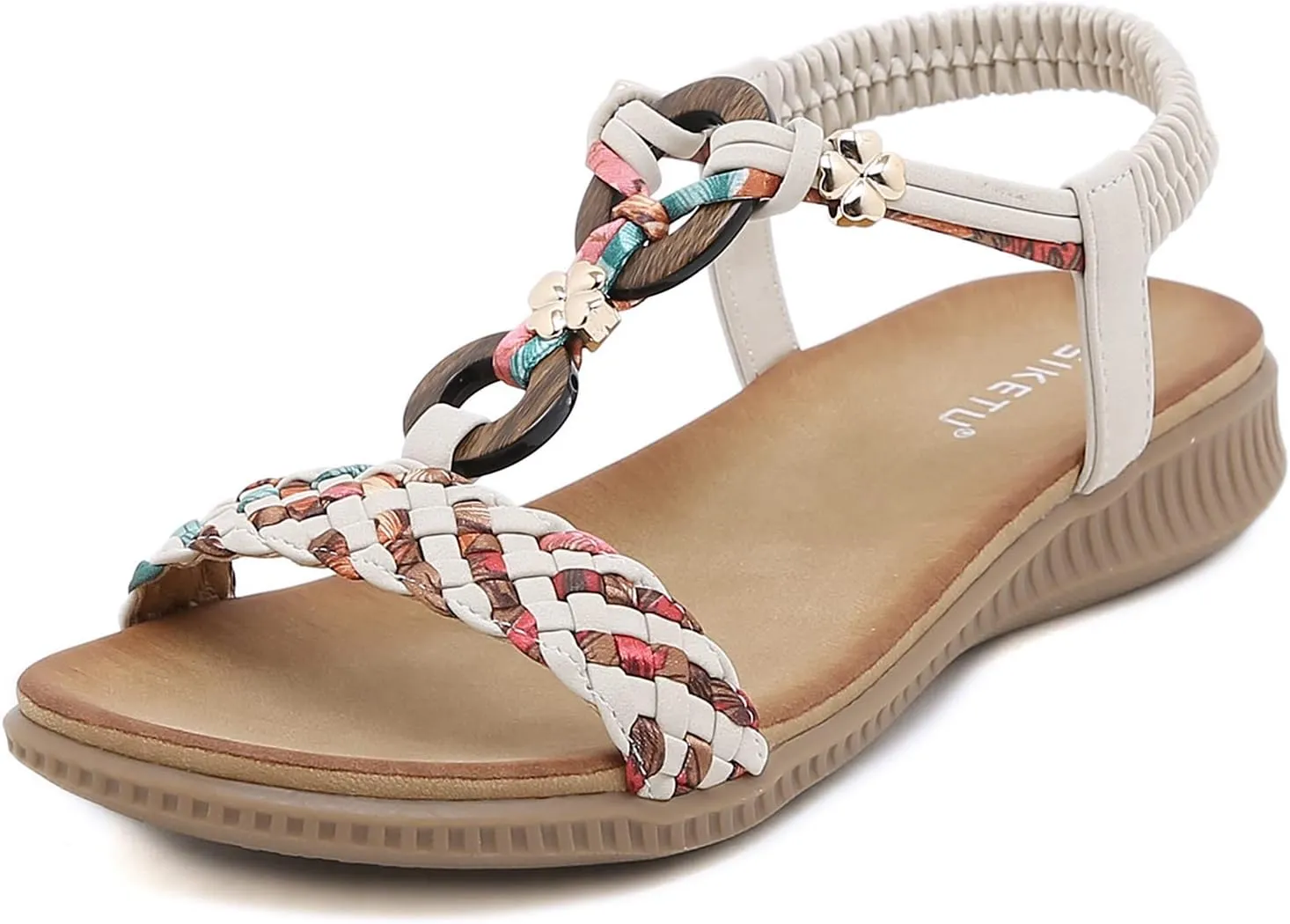 Unifizz Women's Summer Sandals Comfortable T-Strap Flower Beaded Classic Flat Elastic Sandals Dress Shoes for Outdoor Beach Wedding