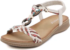Unifizz Women's Summer Sandals Comfortable T-Strap Flower Beaded Classic Flat Elastic Sandals Dress Shoes for Outdoor Beach Wedding