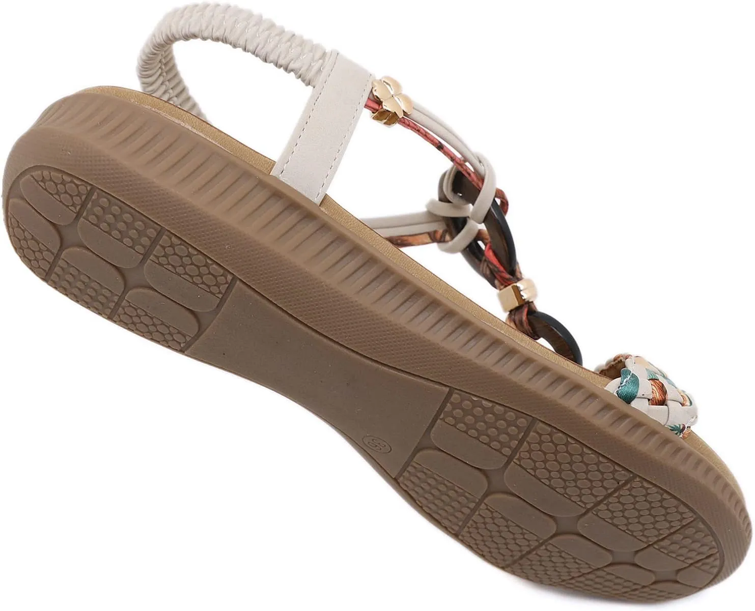 Unifizz Women's Summer Sandals Comfortable T-Strap Flower Beaded Classic Flat Elastic Sandals Dress Shoes for Outdoor Beach Wedding