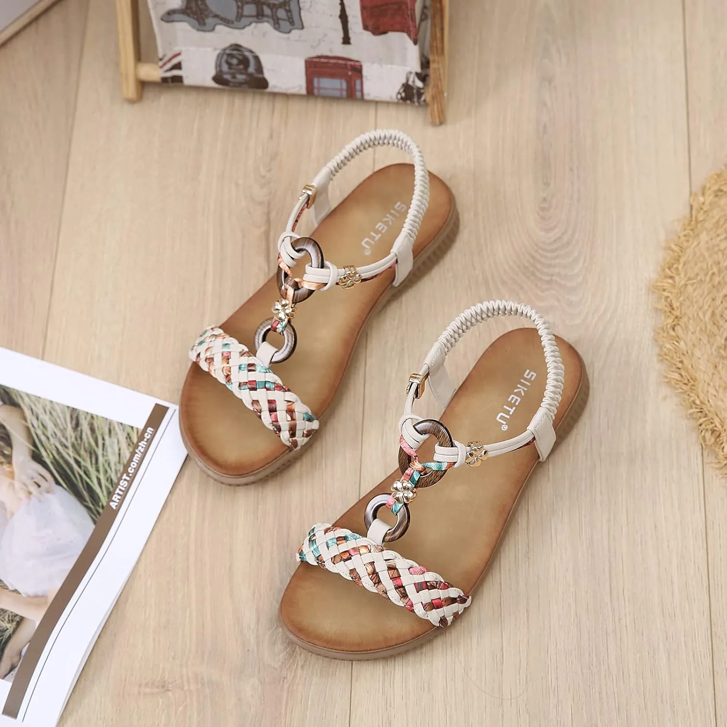 Unifizz Women's Summer Sandals Comfortable T-Strap Flower Beaded Classic Flat Elastic Sandals Dress Shoes for Outdoor Beach Wedding