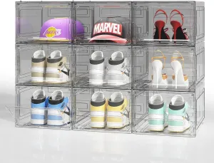 Upgraded Thickened Sturdy Large Shoe Boxes Clear Plastic Stackable 9 Pack Shoe Storage Organizer for Closet/Entryway, Drop front Shoe Box with Magnetic Door, Shoe Display Case, Fit up to US size 14