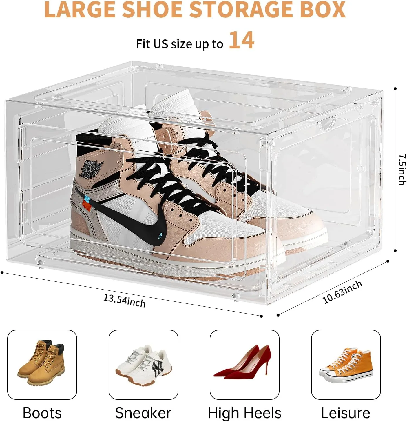 Upgraded Thickened Sturdy Large Shoe Boxes Clear Plastic Stackable 9 Pack Shoe Storage Organizer for Closet/Entryway, Drop front Shoe Box with Magnetic Door, Shoe Display Case, Fit up to US size 14