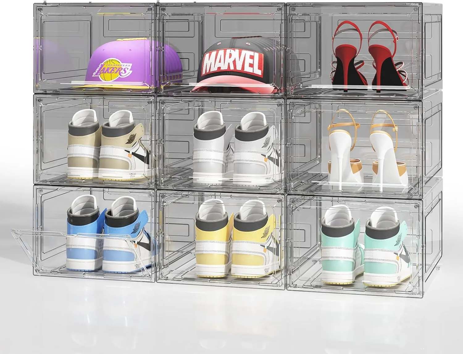 Upgraded Thickened Sturdy Large Shoe Boxes Clear Plastic Stackable 9 Pack Shoe Storage Organizer for Closet/Entryway, Drop front Shoe Box with Magnetic Door, Shoe Display Case, Fit up to US size 14