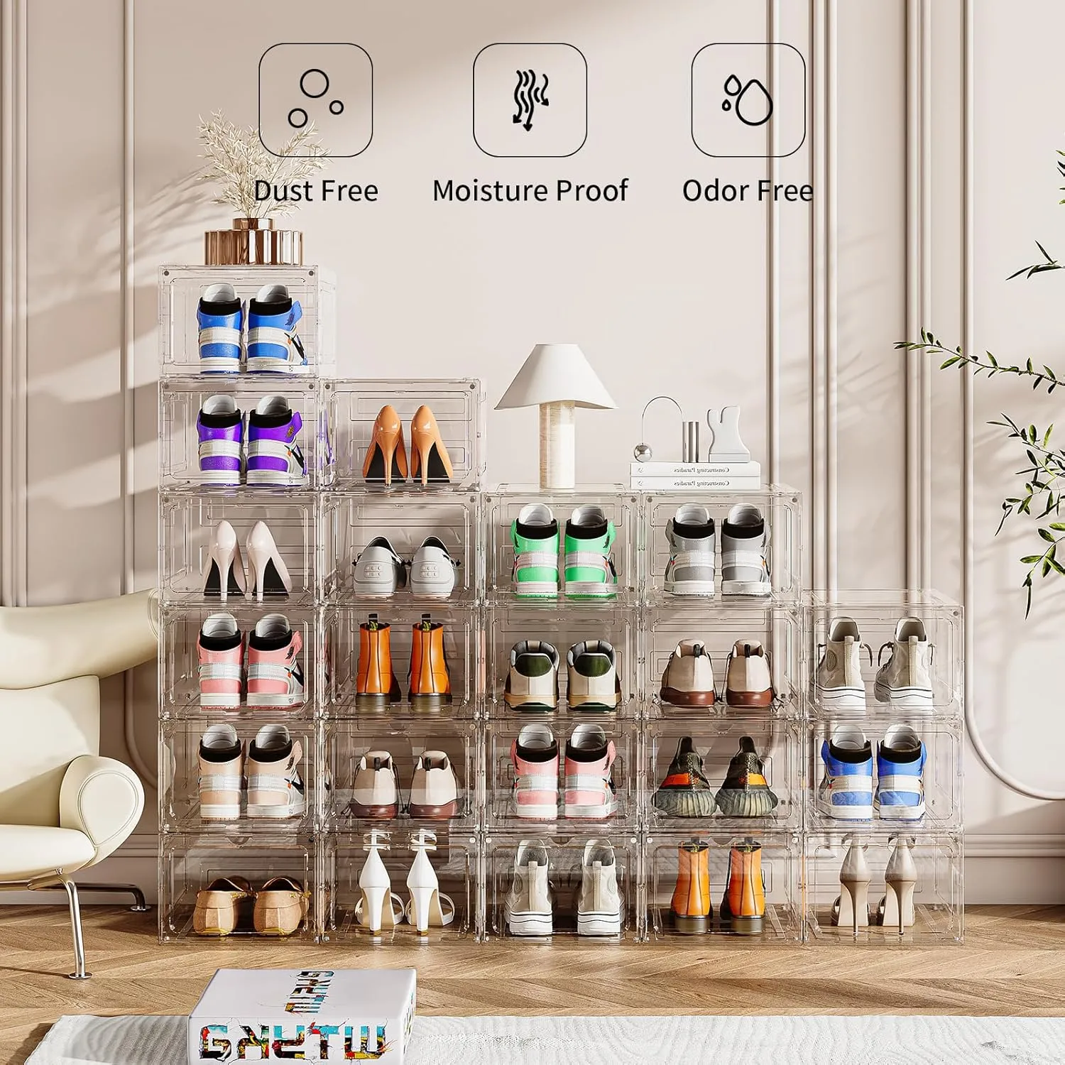 Upgraded Thickened Sturdy Large Shoe Boxes Clear Plastic Stackable 9 Pack Shoe Storage Organizer for Closet/Entryway, Drop front Shoe Box with Magnetic Door, Shoe Display Case, Fit up to US size 14