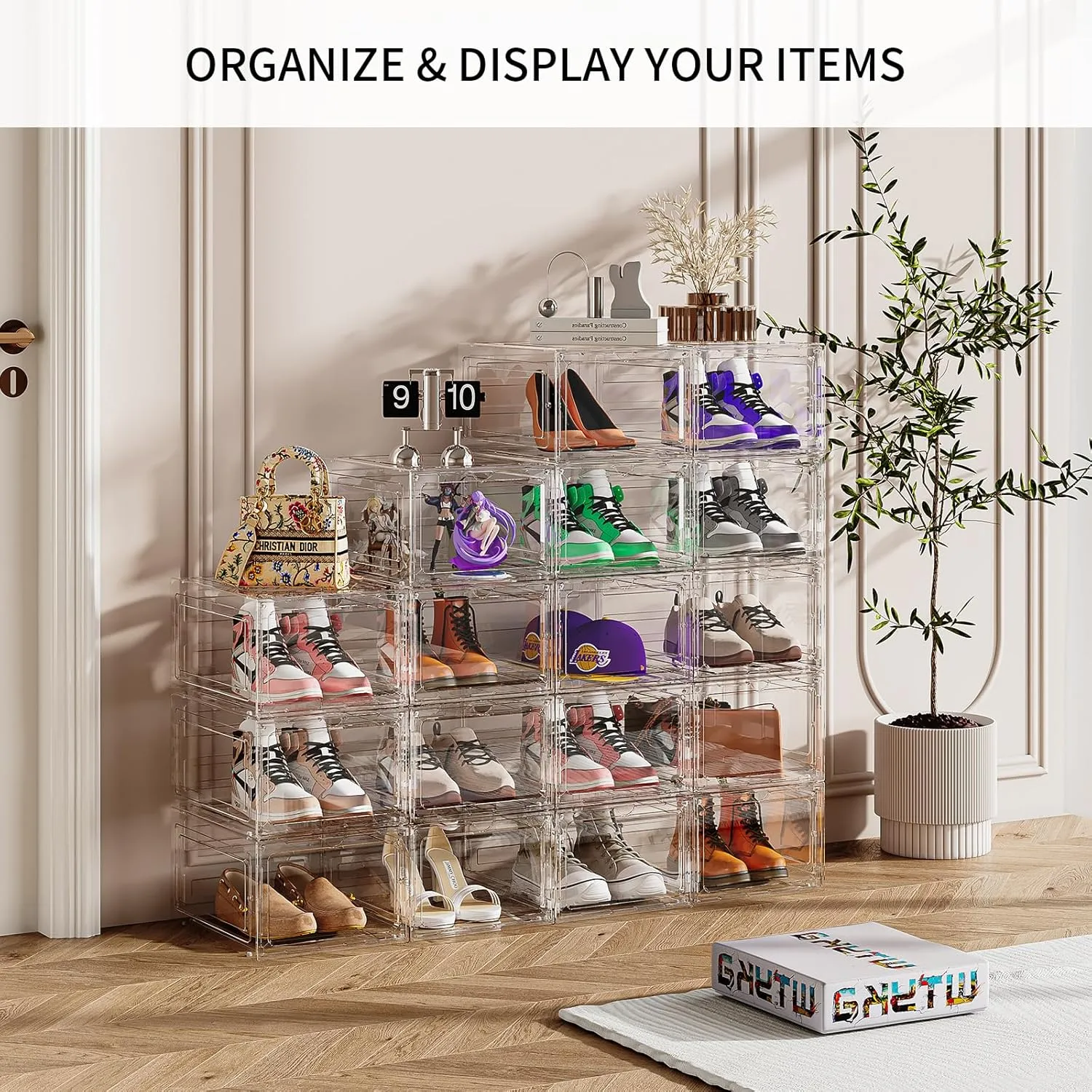 Upgraded Thickened Sturdy Large Shoe Boxes Clear Plastic Stackable 9 Pack Shoe Storage Organizer for Closet/Entryway, Drop front Shoe Box with Magnetic Door, Shoe Display Case, Fit up to US size 14