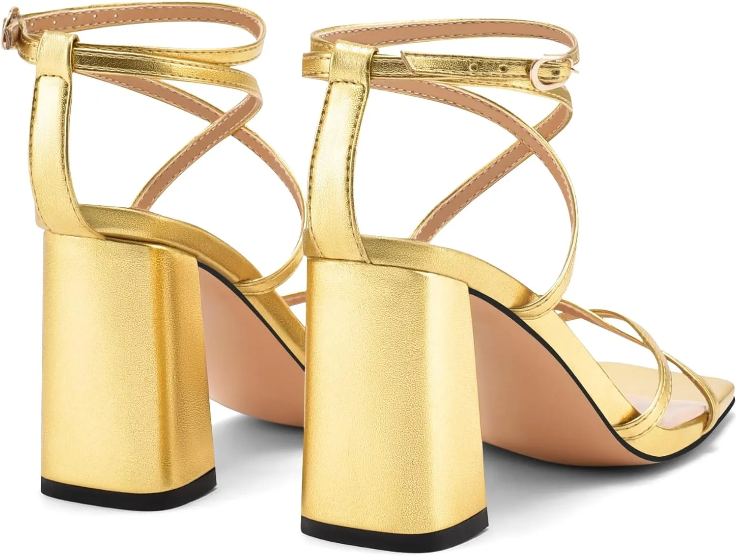 Vaslemuse Strappy Heels for Women Chunky Heel Sandals Square Open Toe witn Ankle Strap Prom Party Shoes