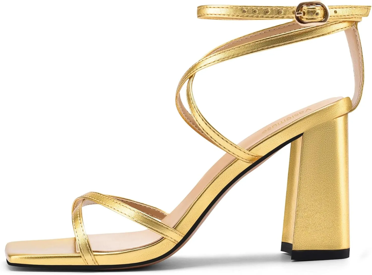 Vaslemuse Strappy Heels for Women Chunky Heel Sandals Square Open Toe witn Ankle Strap Prom Party Shoes