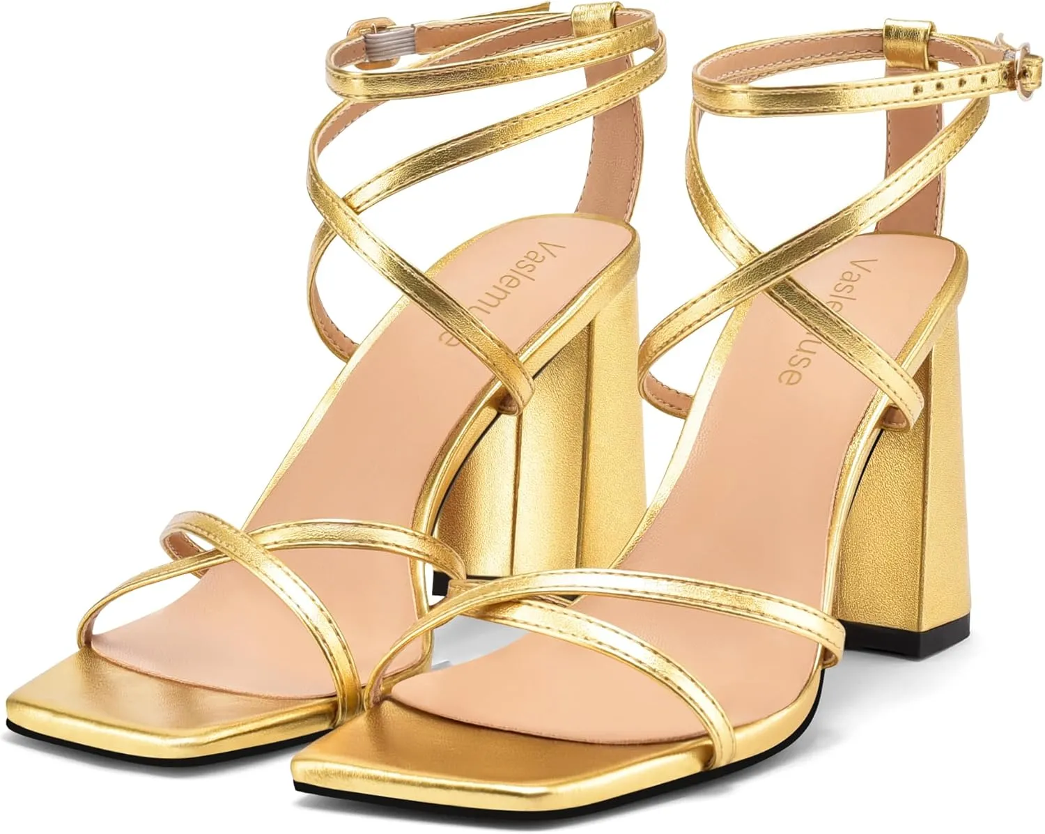 Vaslemuse Strappy Heels for Women Chunky Heel Sandals Square Open Toe witn Ankle Strap Prom Party Shoes