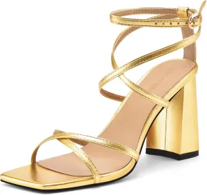 Vaslemuse Strappy Heels for Women Chunky Heel Sandals Square Open Toe witn Ankle Strap Prom Party Shoes