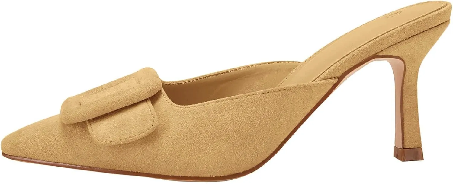 VETASTE Women's Heeled Mules Pointed Toe Suede Buckle Slip On Sandals Kitten Heels Party Wedding Shoes