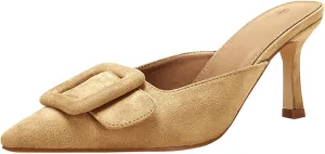VETASTE Women's Heeled Mules Pointed Toe Suede Buckle Slip On Sandals Kitten Heels Party Wedding Shoes