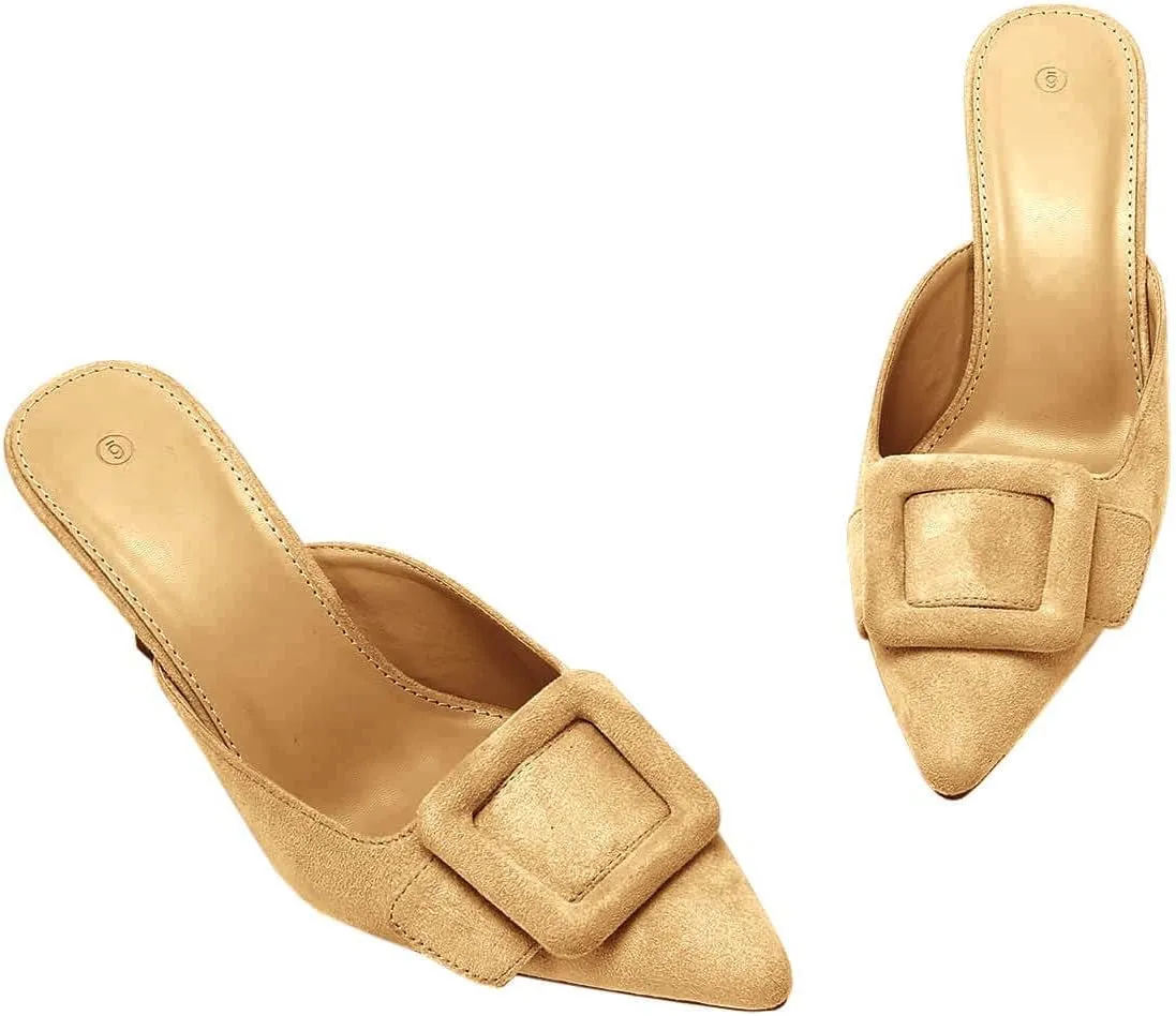 VETASTE Women's Heeled Mules Pointed Toe Suede Buckle Slip On Sandals Kitten Heels Party Wedding Shoes