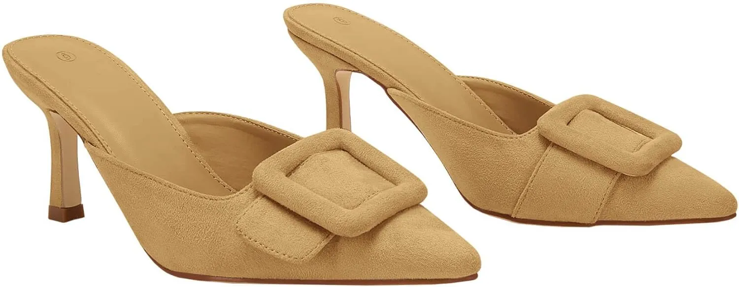 VETASTE Women's Heeled Mules Pointed Toe Suede Buckle Slip On Sandals Kitten Heels Party Wedding Shoes
