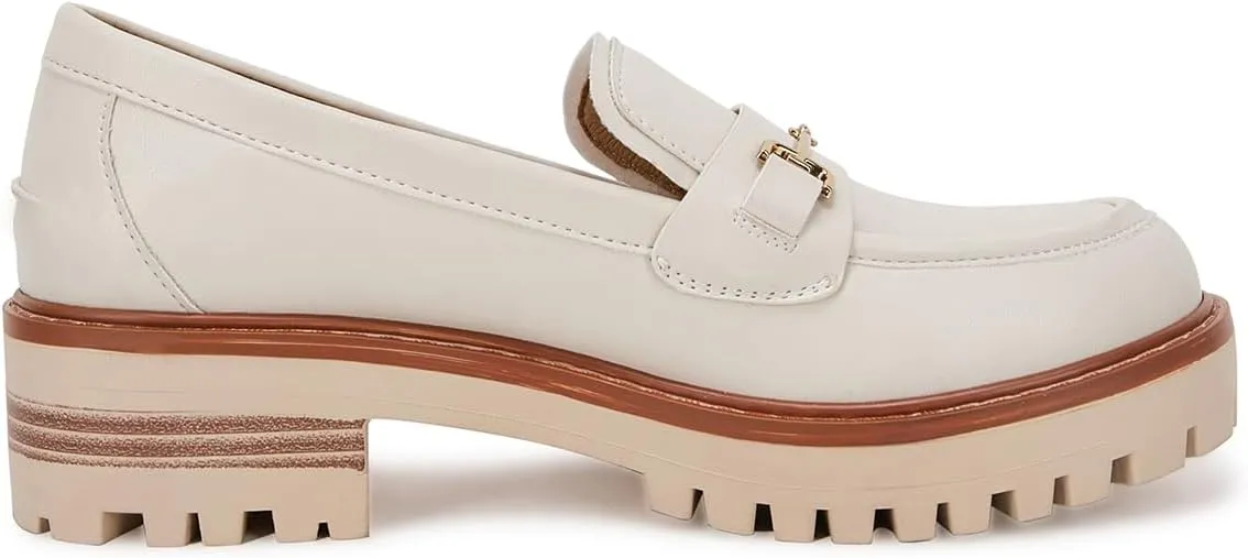 VETASTE Womens Lug Sole Platform Mid Chunky Heel Loafers Classic Round Toe Slip On Office Uniform Oxfords Shoes with Metal Chain