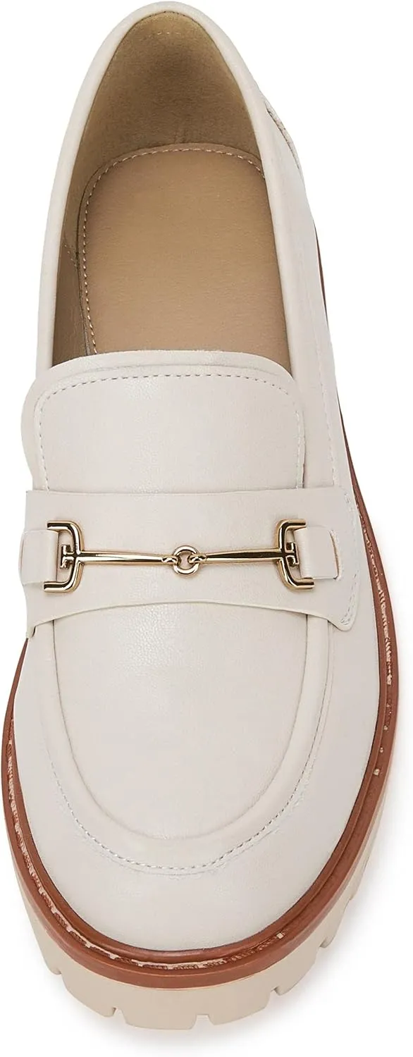 VETASTE Womens Lug Sole Platform Mid Chunky Heel Loafers Classic Round Toe Slip On Office Uniform Oxfords Shoes with Metal Chain