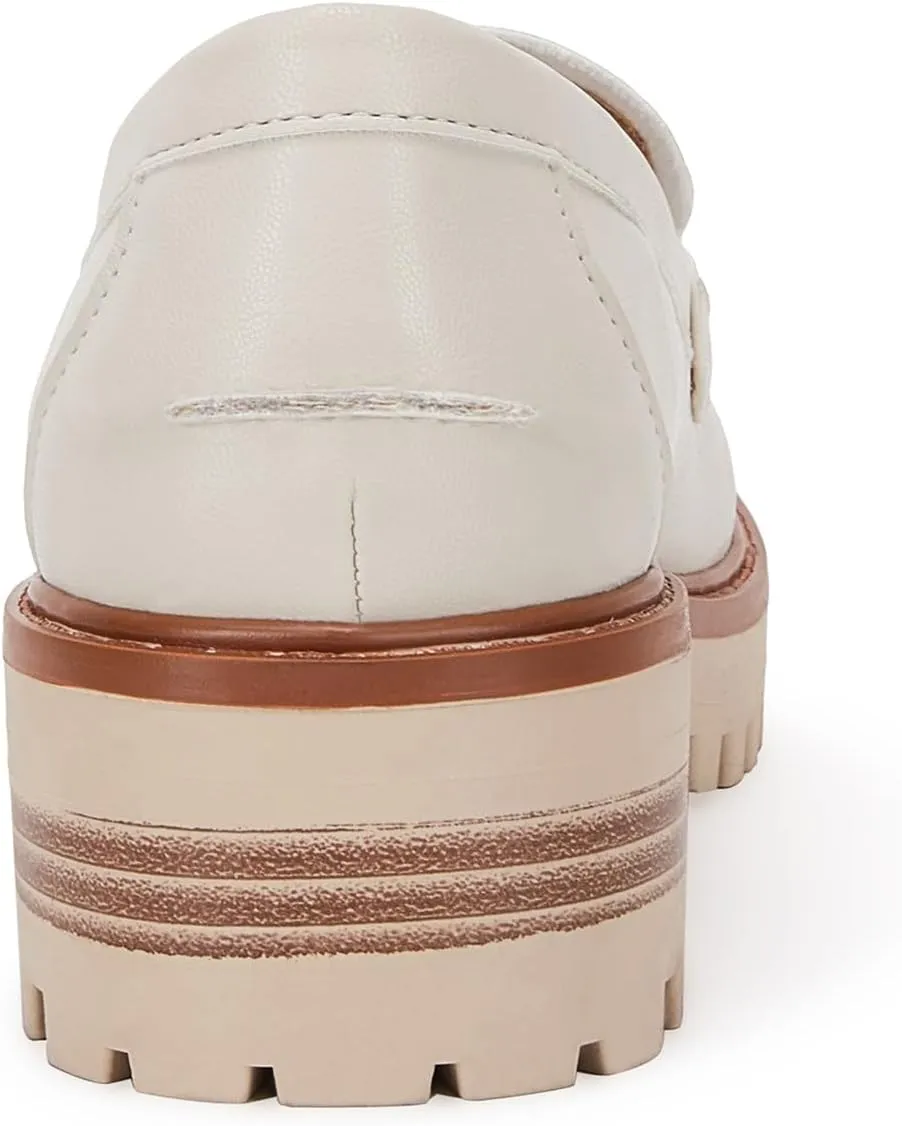 VETASTE Womens Lug Sole Platform Mid Chunky Heel Loafers Classic Round Toe Slip On Office Uniform Oxfords Shoes with Metal Chain