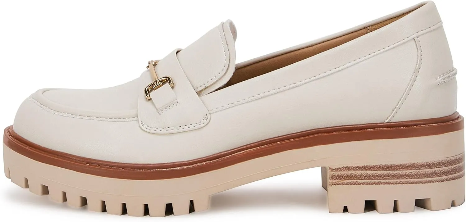 VETASTE Womens Lug Sole Platform Mid Chunky Heel Loafers Classic Round Toe Slip On Office Uniform Oxfords Shoes with Metal Chain