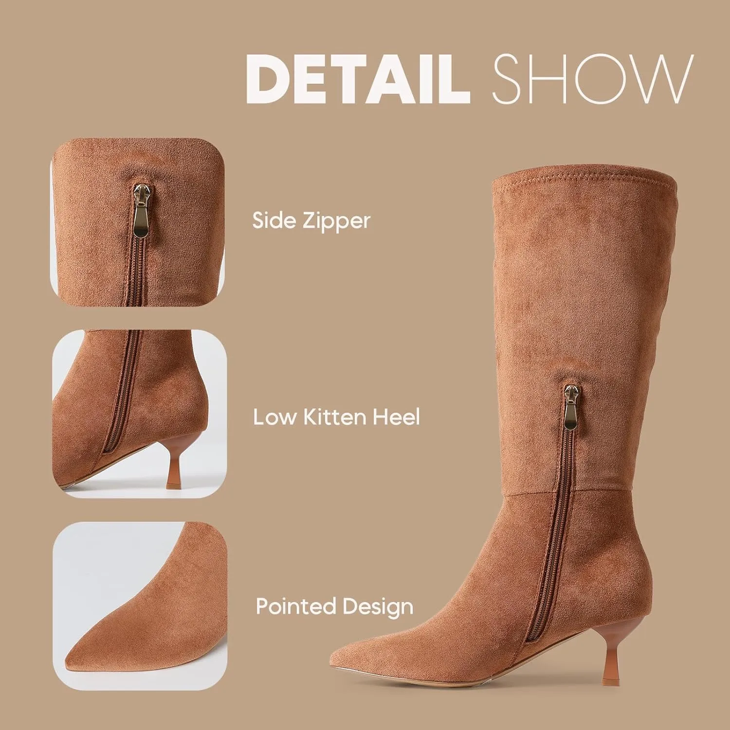 VIMISAOI Knee High Boots for Women Pointed Toe Suede Boots Low kitten Heel Slip On Sexy Fashion Dress Long Boot Wide Calf with Side Zipper