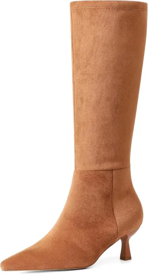 VIMISAOI Knee High Boots for Women Pointed Toe Suede Boots Low kitten Heel Slip On Sexy Fashion Dress Long Boot Wide Calf with Side Zipper