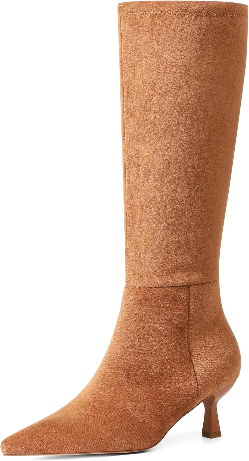 VIMISAOI Knee High Boots for Women Pointed Toe Suede Boots Low kitten Heel Slip On Sexy Fashion Dress Long Boot Wide Calf with Side Zipper