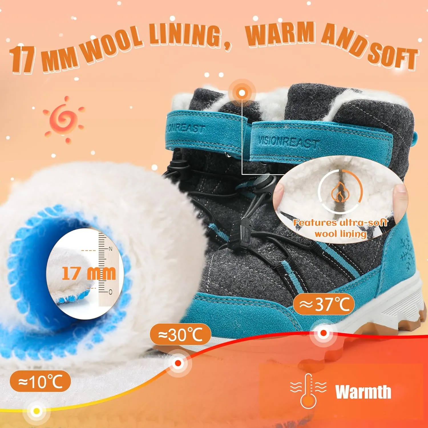 visionreast Boys Girls Wool Lining Snow Boots Winter Walking Boots for Kids Non Slip Unisex-Child Cold Weather Shoes Outdoor Boots