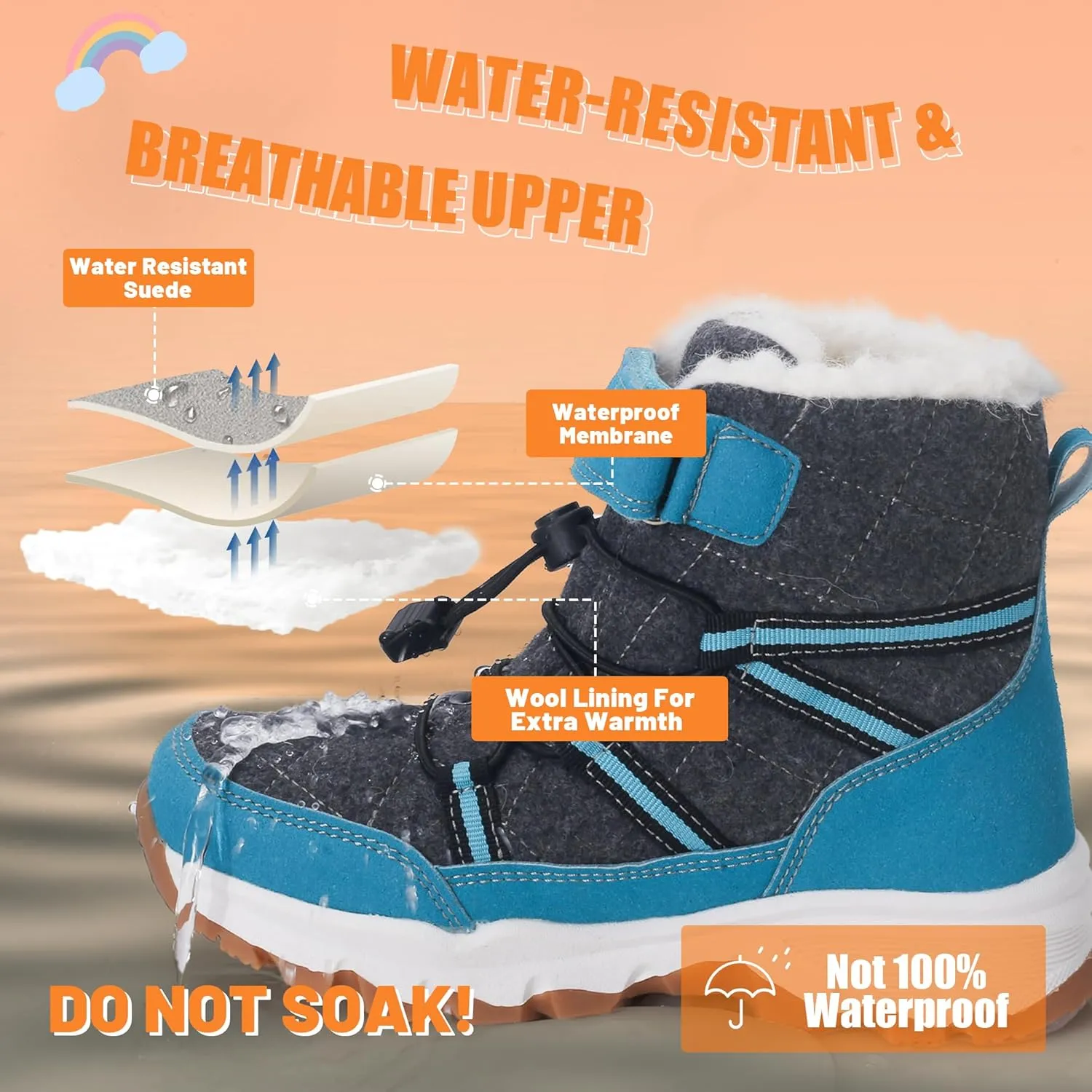 visionreast Boys Girls Wool Lining Snow Boots Winter Walking Boots for Kids Non Slip Unisex-Child Cold Weather Shoes Outdoor Boots
