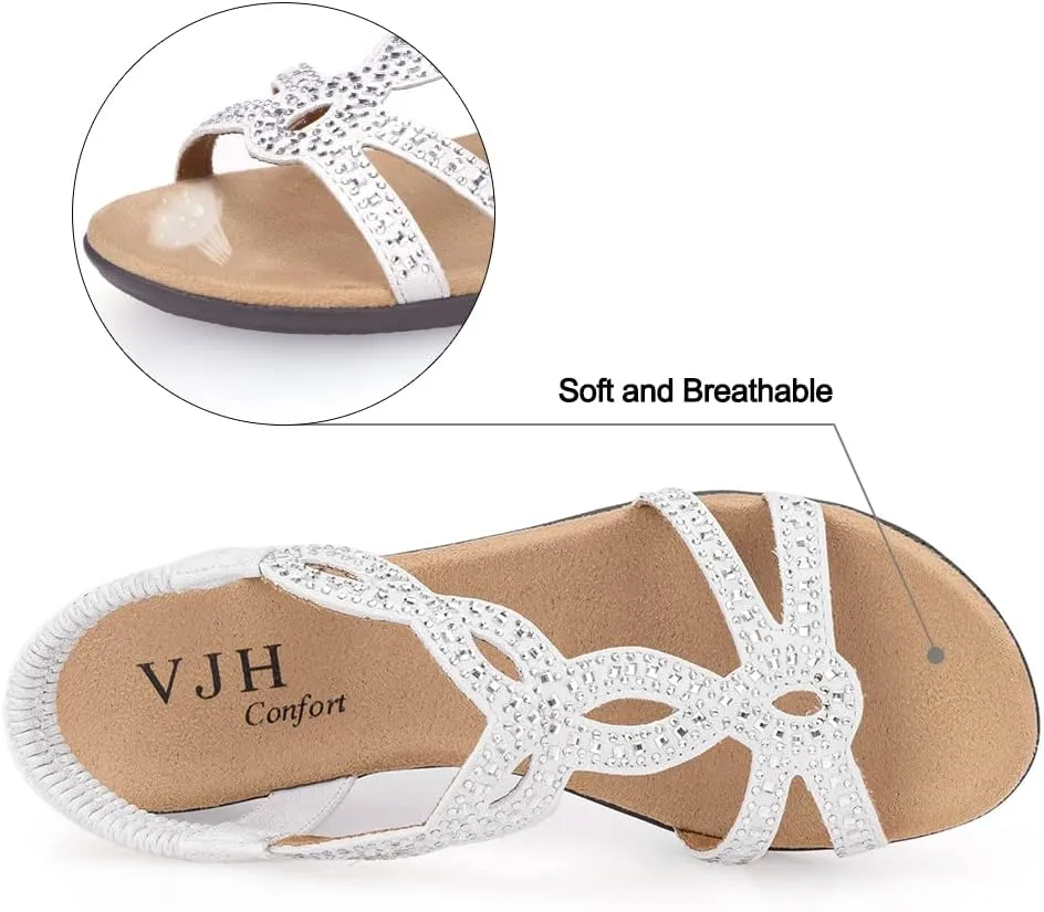 VJH confort Women’s Flat Sandals,Comfort Elastic Strap Rhinestone Open Toe Slip-On Casual Walking Sandals