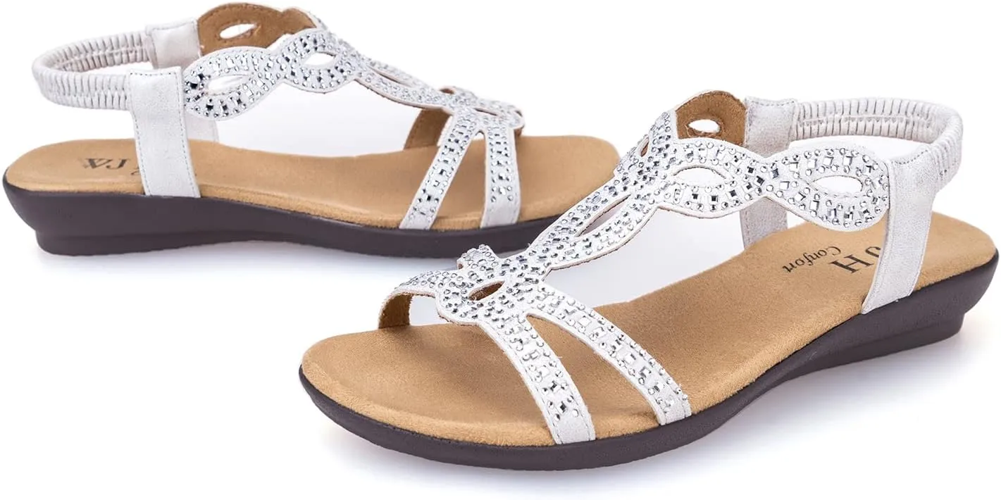 VJH confort Women’s Flat Sandals,Comfort Elastic Strap Rhinestone Open Toe Slip-On Casual Walking Sandals