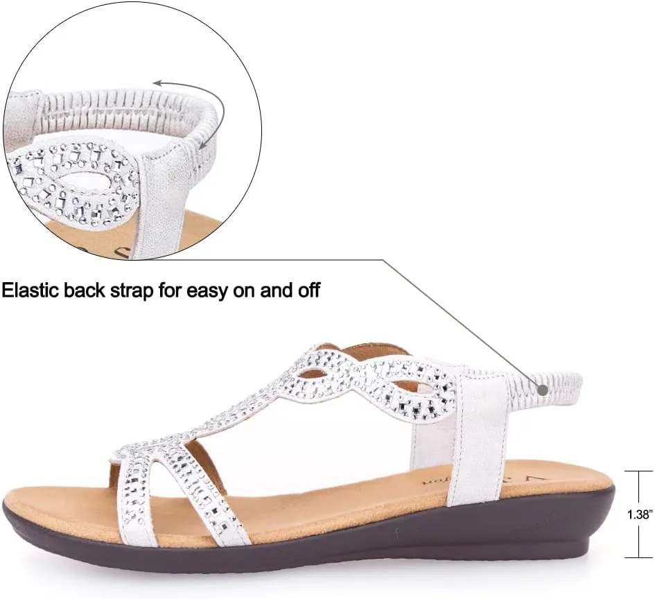 VJH confort Women’s Flat Sandals,Comfort Elastic Strap Rhinestone Open Toe Slip-On Casual Walking Sandals