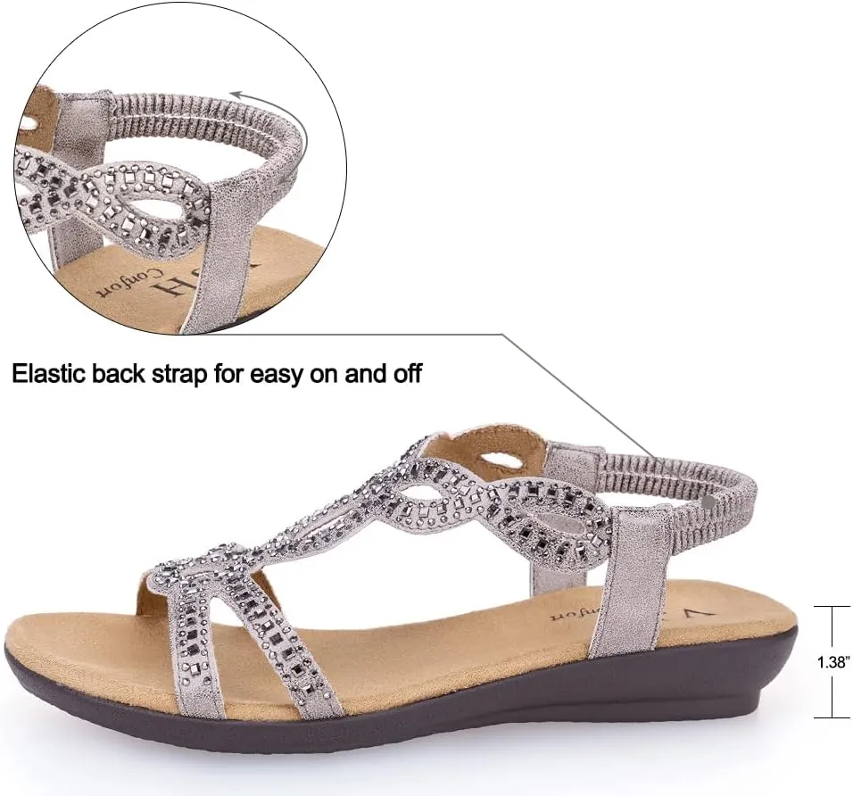 VJH confort Women’s Flat Sandals,Comfort Elastic Strap Rhinestone Open Toe Slip-On Casual Walking Sandals