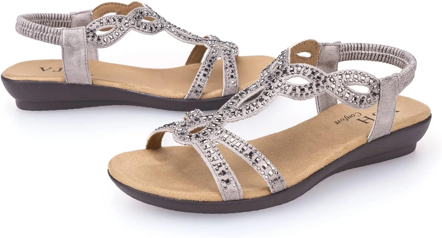 VJH confort Women’s Flat Sandals,Comfort Elastic Strap Rhinestone Open Toe Slip-On Casual Walking Sandals
